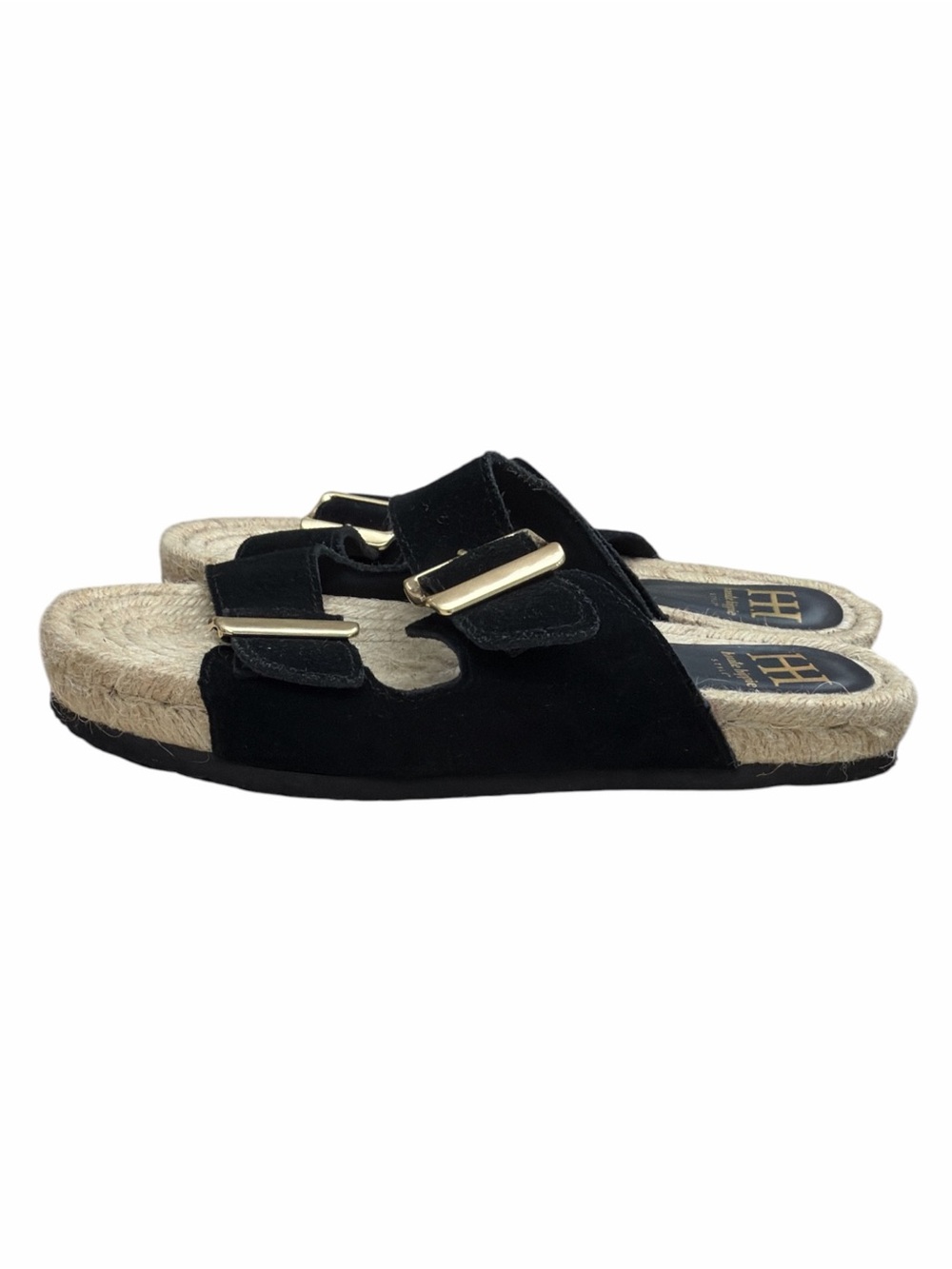 Haute Hippie Nikki Espadrille Black Suede Slide Sandals with Gold Buckles